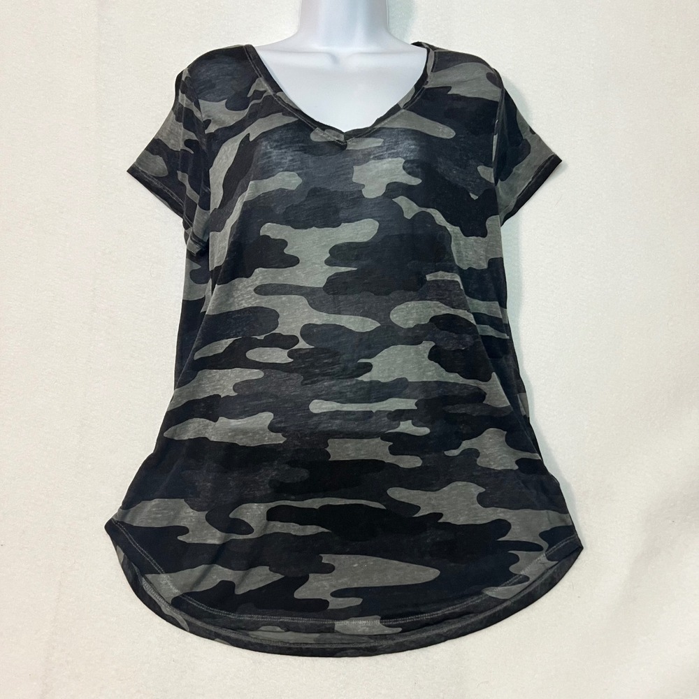 Lucky Brand Womens Camo Grunge Moto Print V-Neck Short Sleeve T-Shirt Grey Blk L